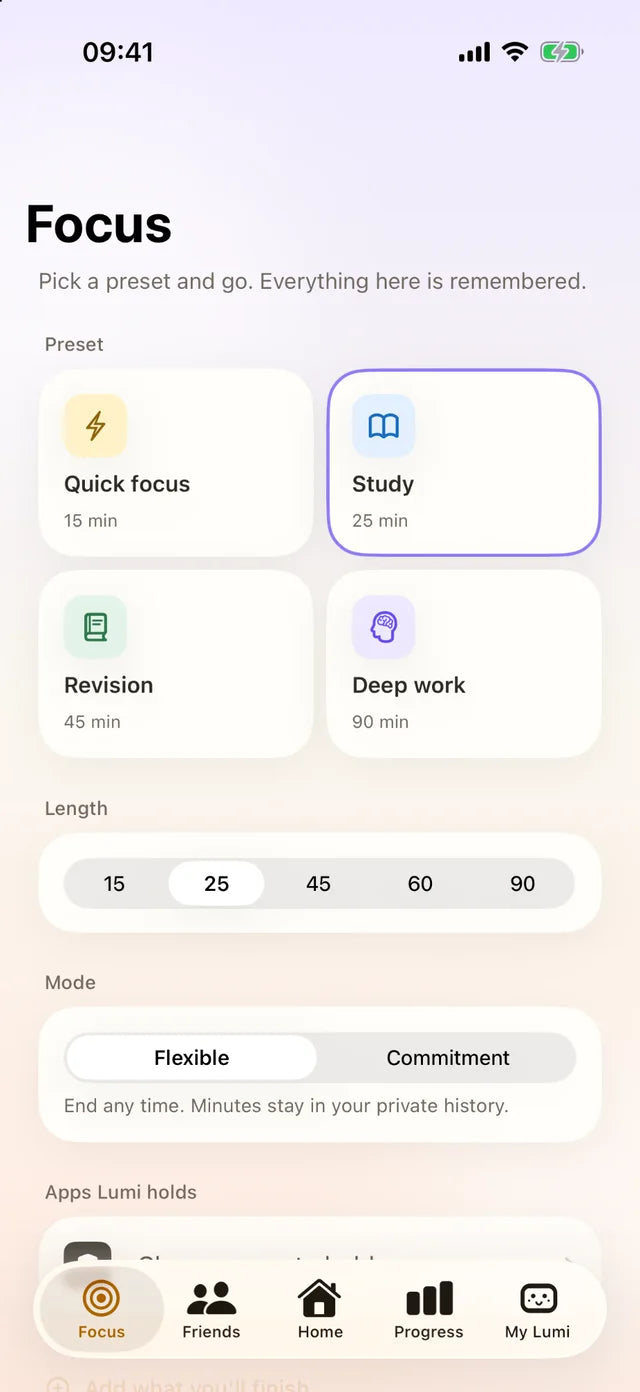 The Lumi app Focus screen: presets for Quick focus 15 minutes, Study 25, Revision 45 and Deep work 90, a length picker and Flexible or Commitment mode
