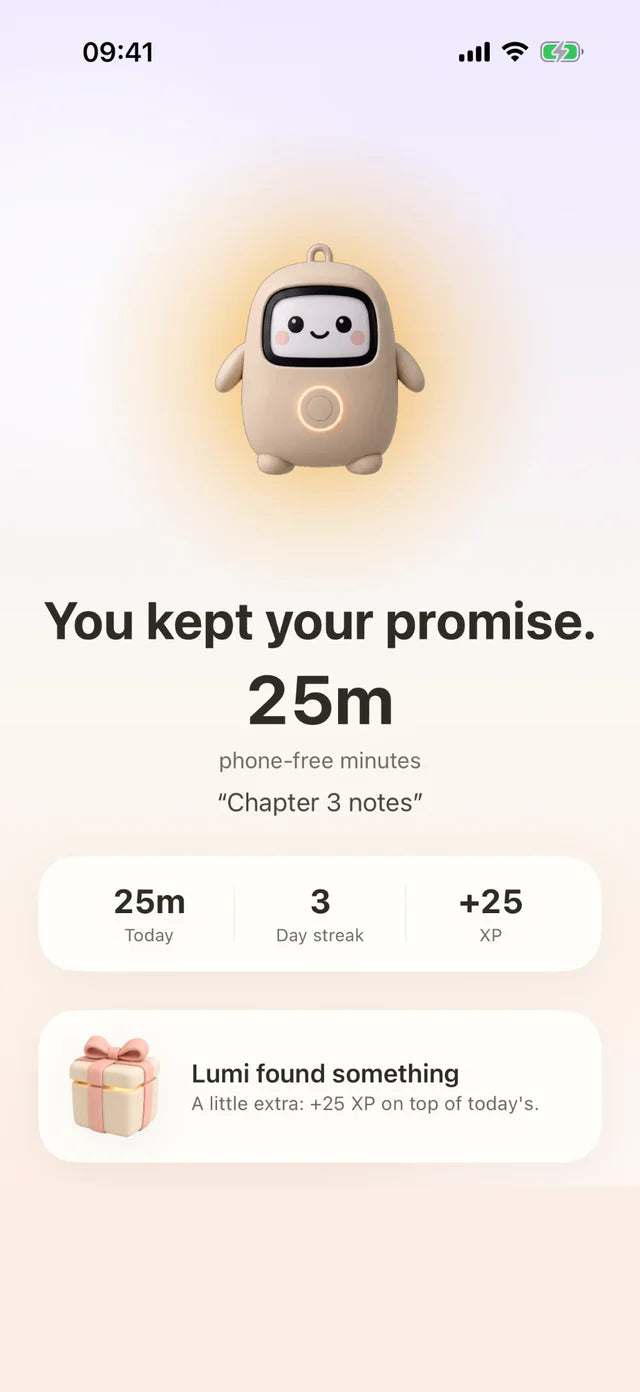 The Lumi app after a session: You kept your promise, 25 phone-free minutes, a 3 day streak and plus 25 XP