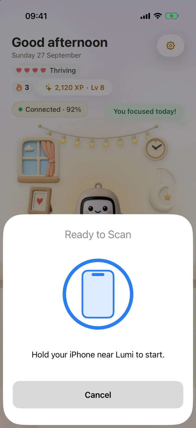 The Lumi app asking you to hold your phone near Lumi to start