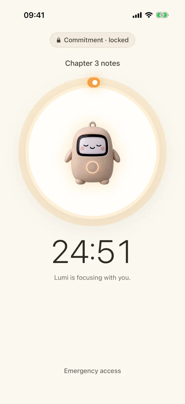 The Lumi app during a Commitment session: locked, 24:51 left, Lumi is focusing with you