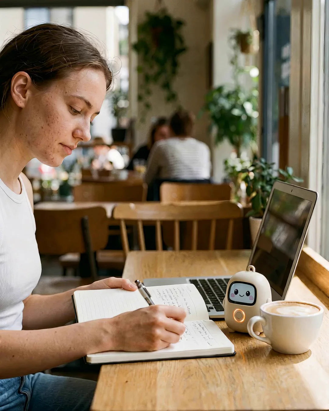 Someone writing in a café with Lumi beside the laptop