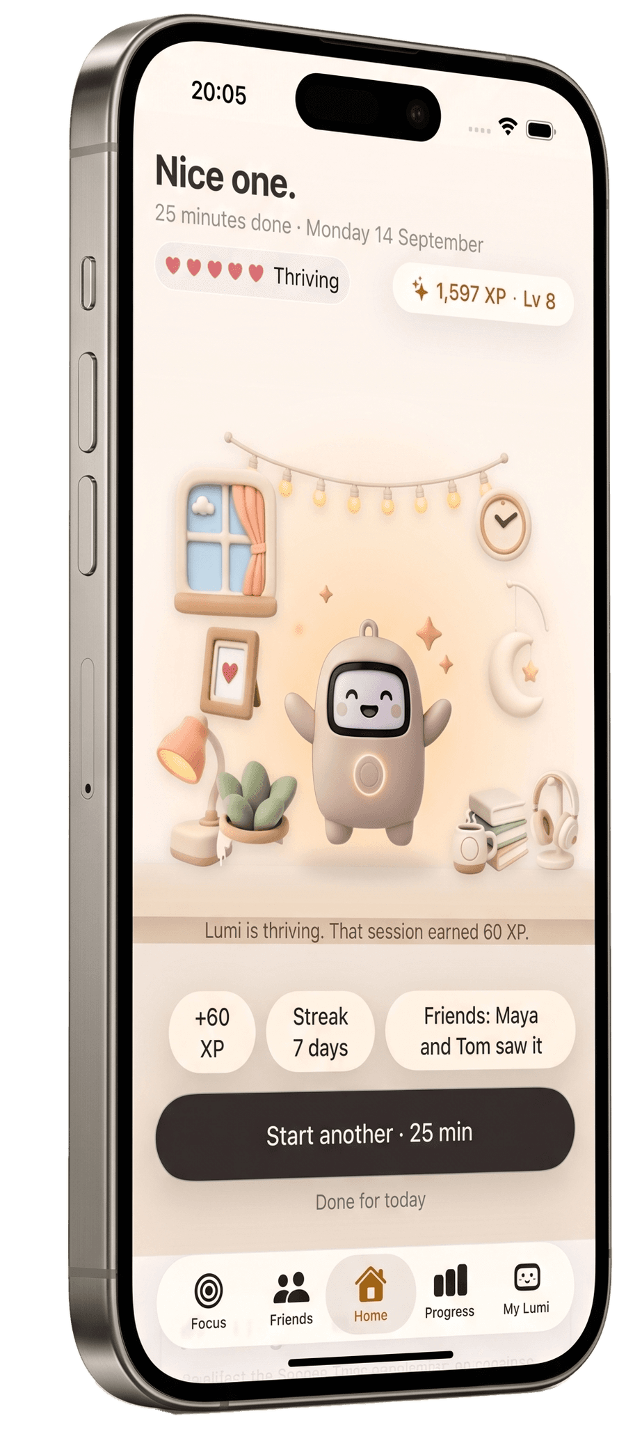 An iPhone showing the Lumi app home screen after a session: Nice one, 25 minutes done, Lumi thriving in its room, plus 60 XP, a 7 day streak, friends who saw it, and Start another