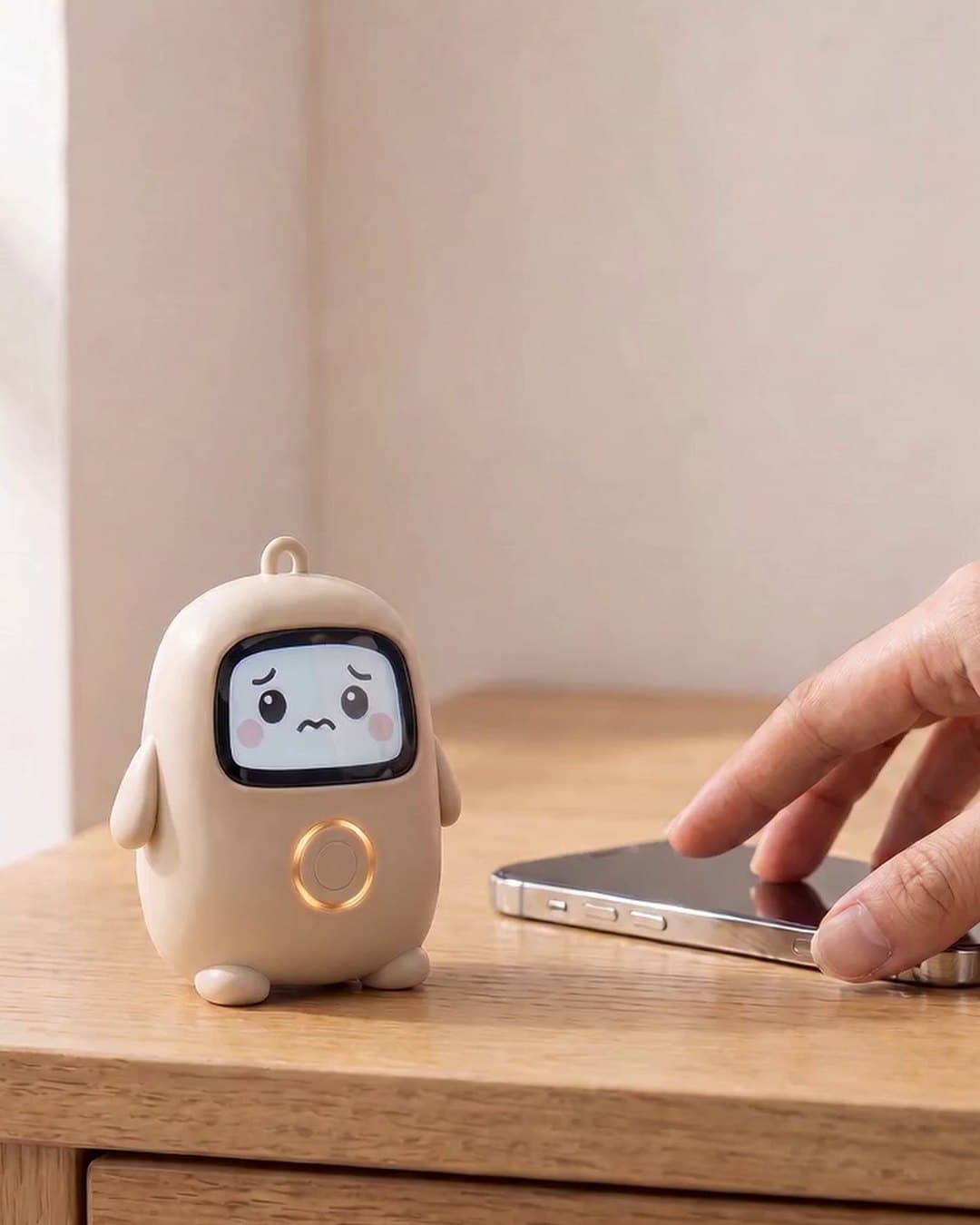 A hand reaching for the face-down phone beside Lumi; Lumi's face is worried and its ring lit