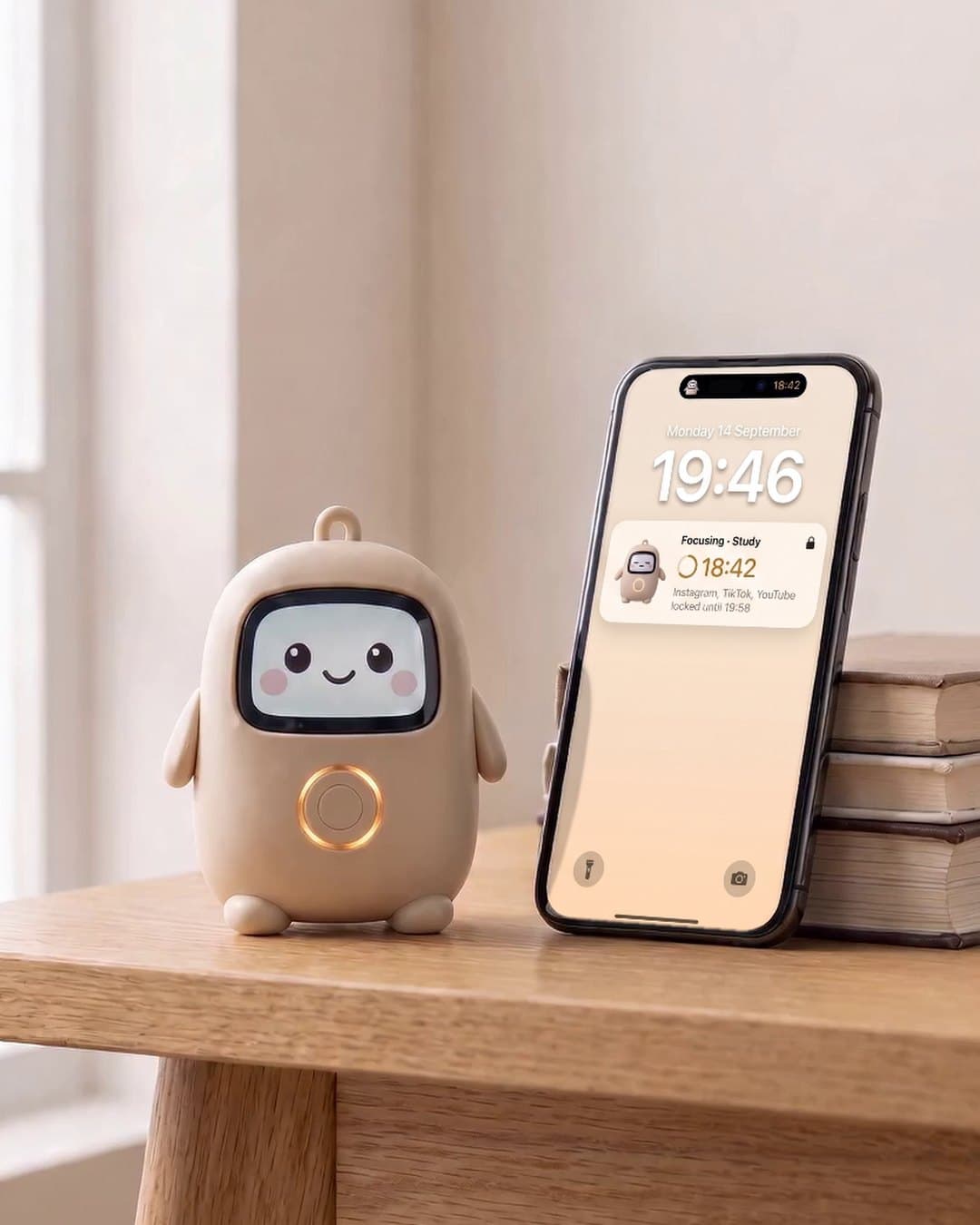 Lumi standing next to an upright iPhone on a desk, Lumi half the phone's height; the phone's lock screen shows the Lumi widget, Focusing, Study, locked until 19:58