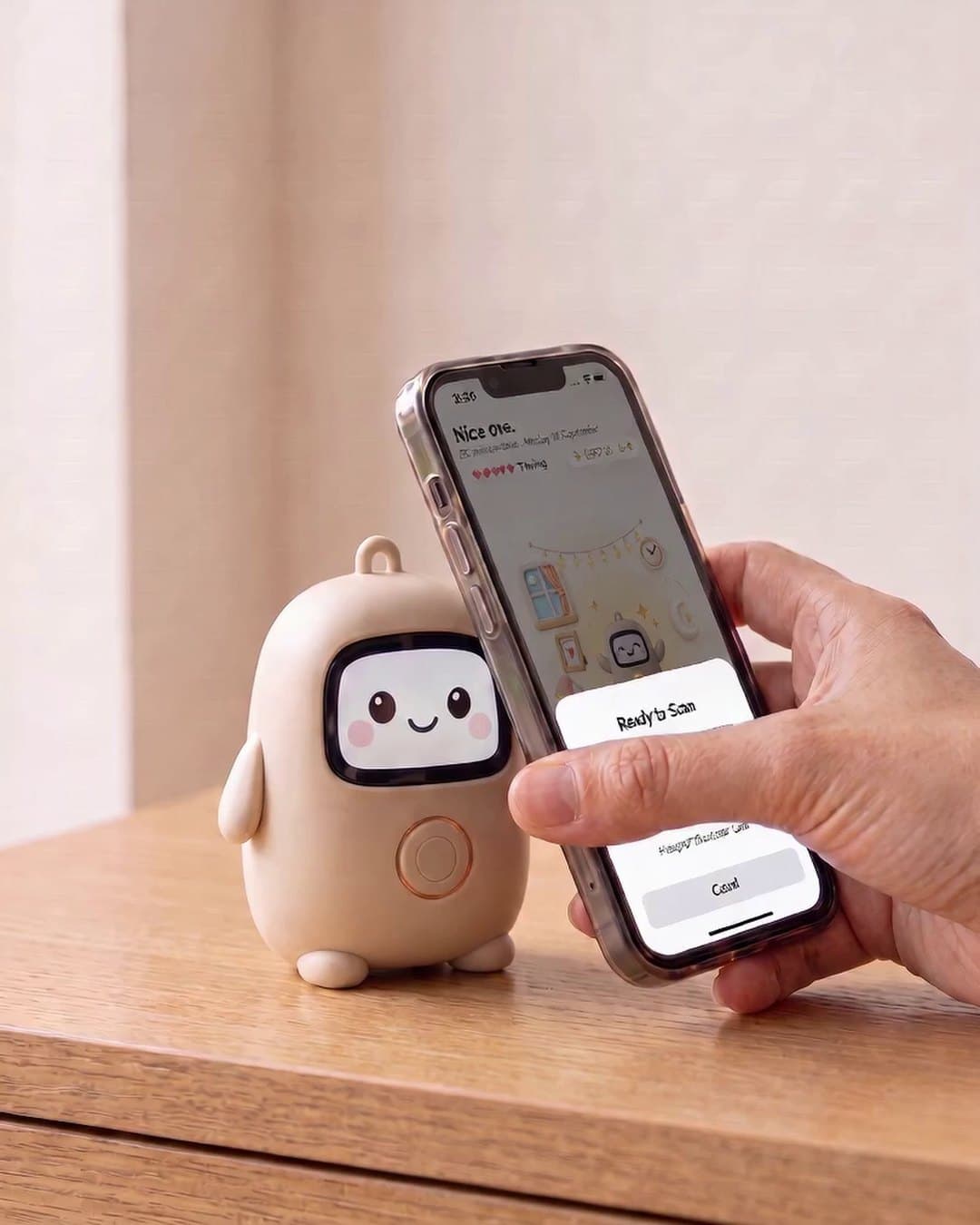A hand holding an iPhone flat against Lumi's belly on a desk, the phone showing iOS's Ready to Scan sheet over the Lumi app