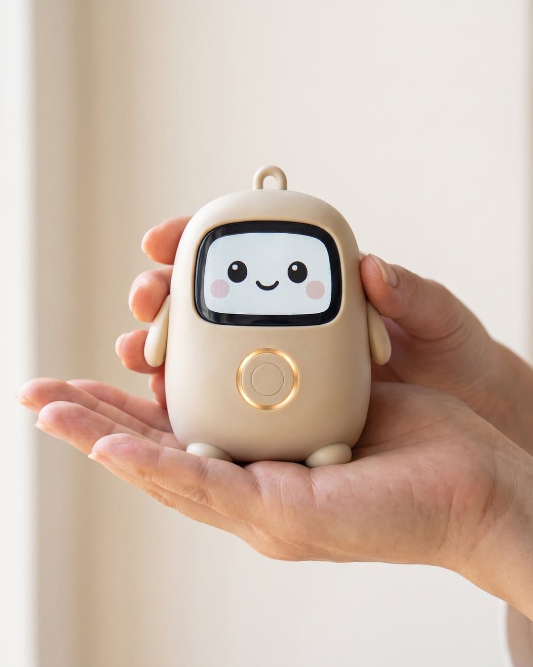 A hand holding Lumi up to the camera, the device palm-sized, its screen face and amber ring lit