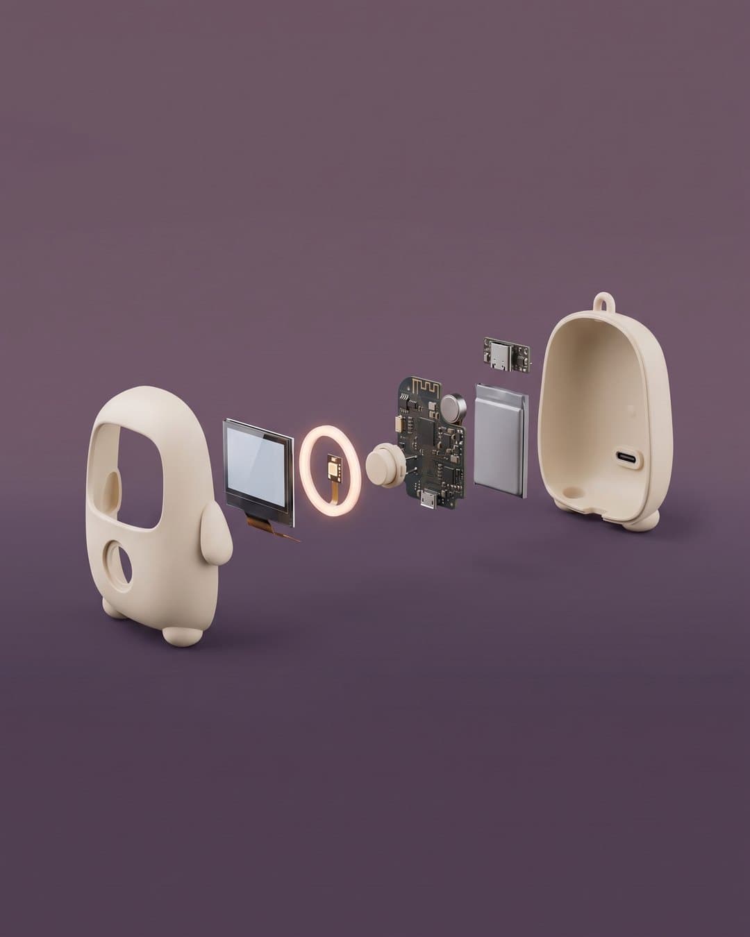 Exploded view of Lumi: front shell, LCD module, amber light ring, button, main board, battery, USB-C port, back shell