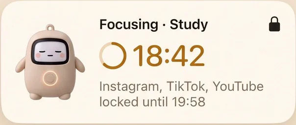 Screenshot of the Lumi lock screen card: Focusing, Study, 18:42, Instagram, TikTok and YouTube locked until 19:58