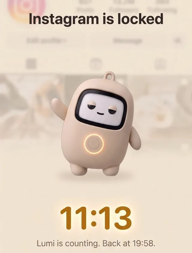 Screenshot of the Lumi app over a locked Instagram: Instagram is locked, 11:13, Lumi is counting, back at 19:58