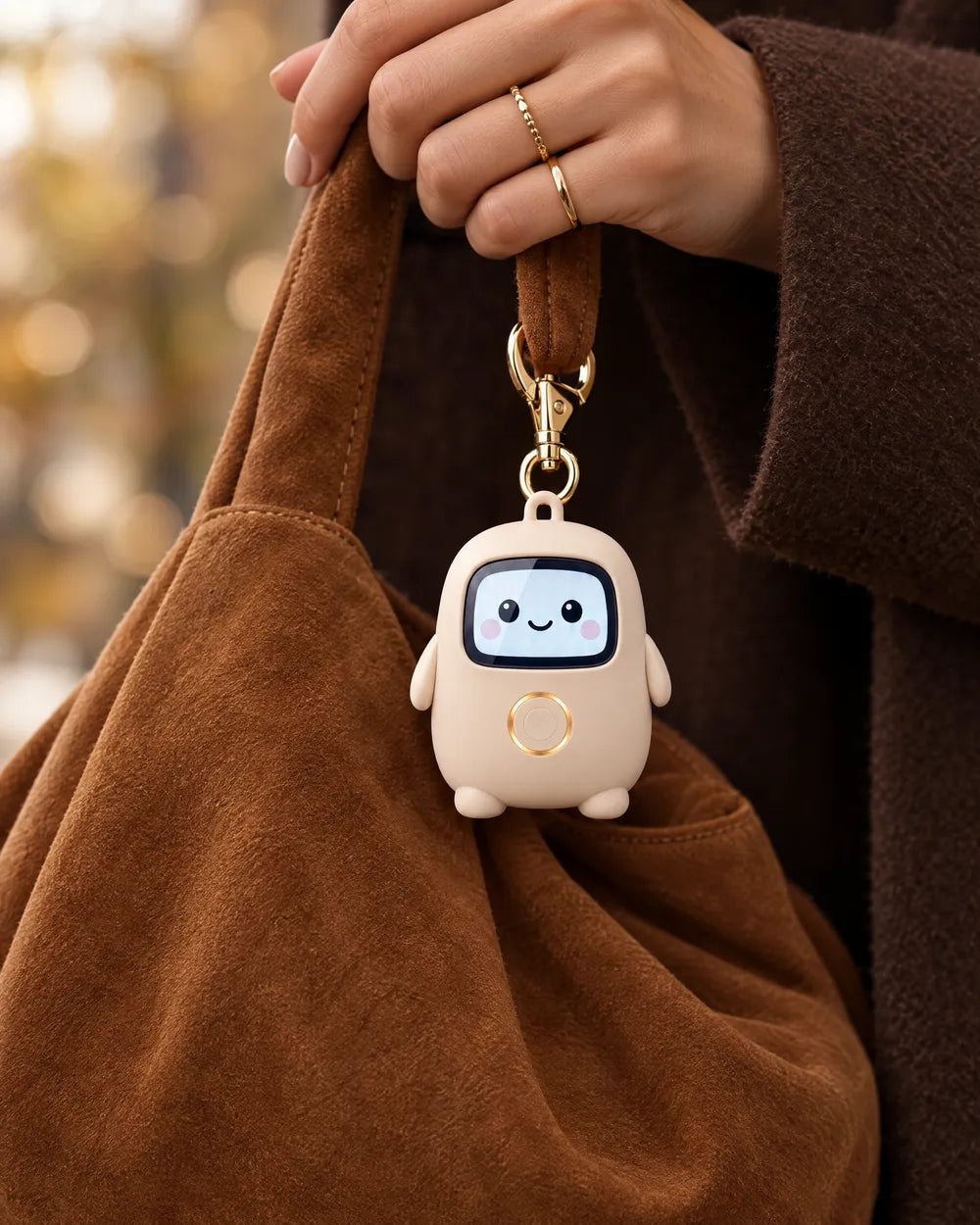 Lumi clipped to a bag