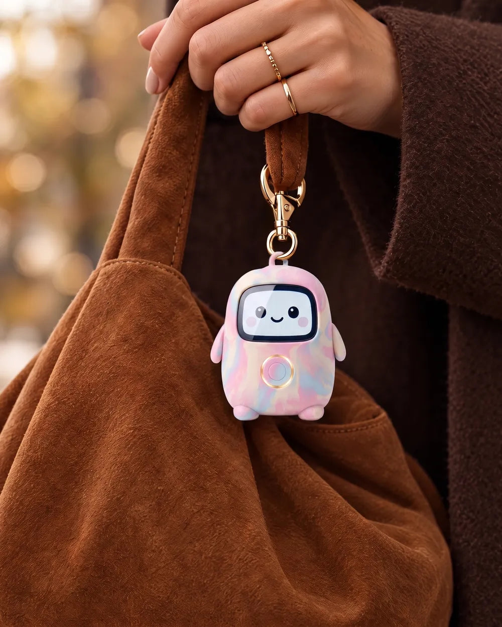 Lumi clipped to a bag