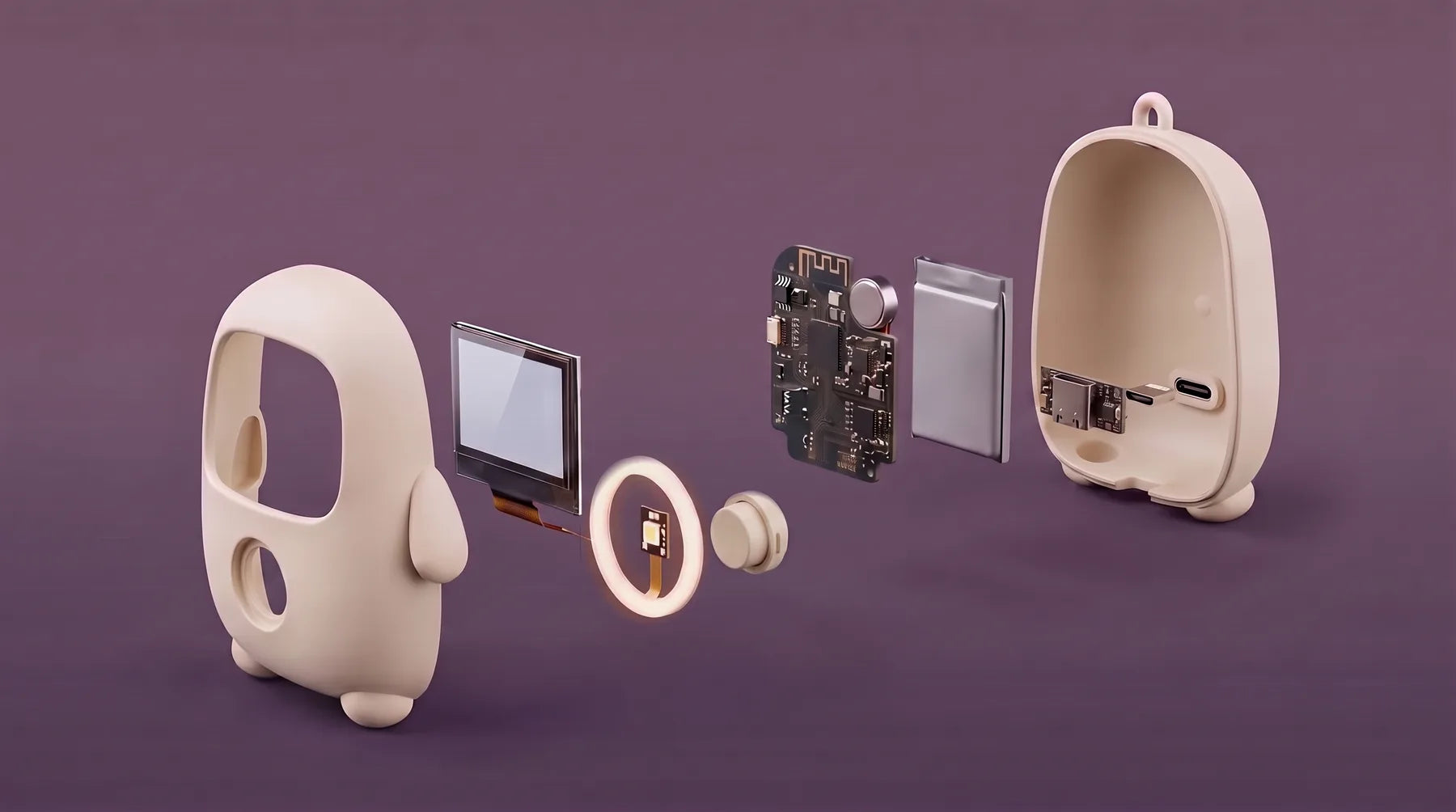 Exploded view of Lumi: front shell, colour screen, amber light ring, button, main board, battery, USB-C board and back shell