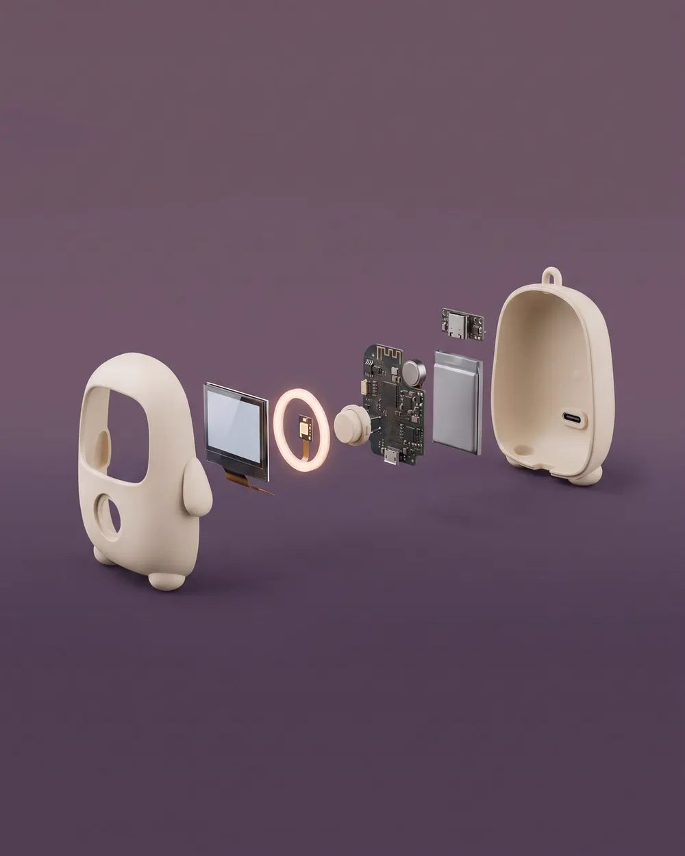 Exploded view of Lumi: the two shells, screen, amber ring, button, board and battery