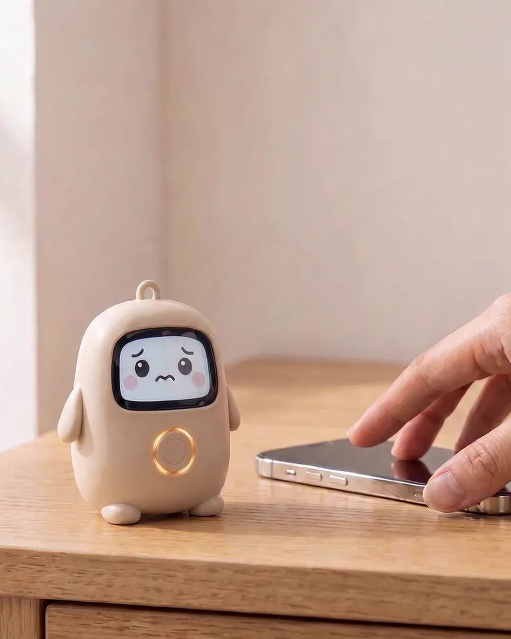 A hand reaching for a face-down phone while Lumi looks worried