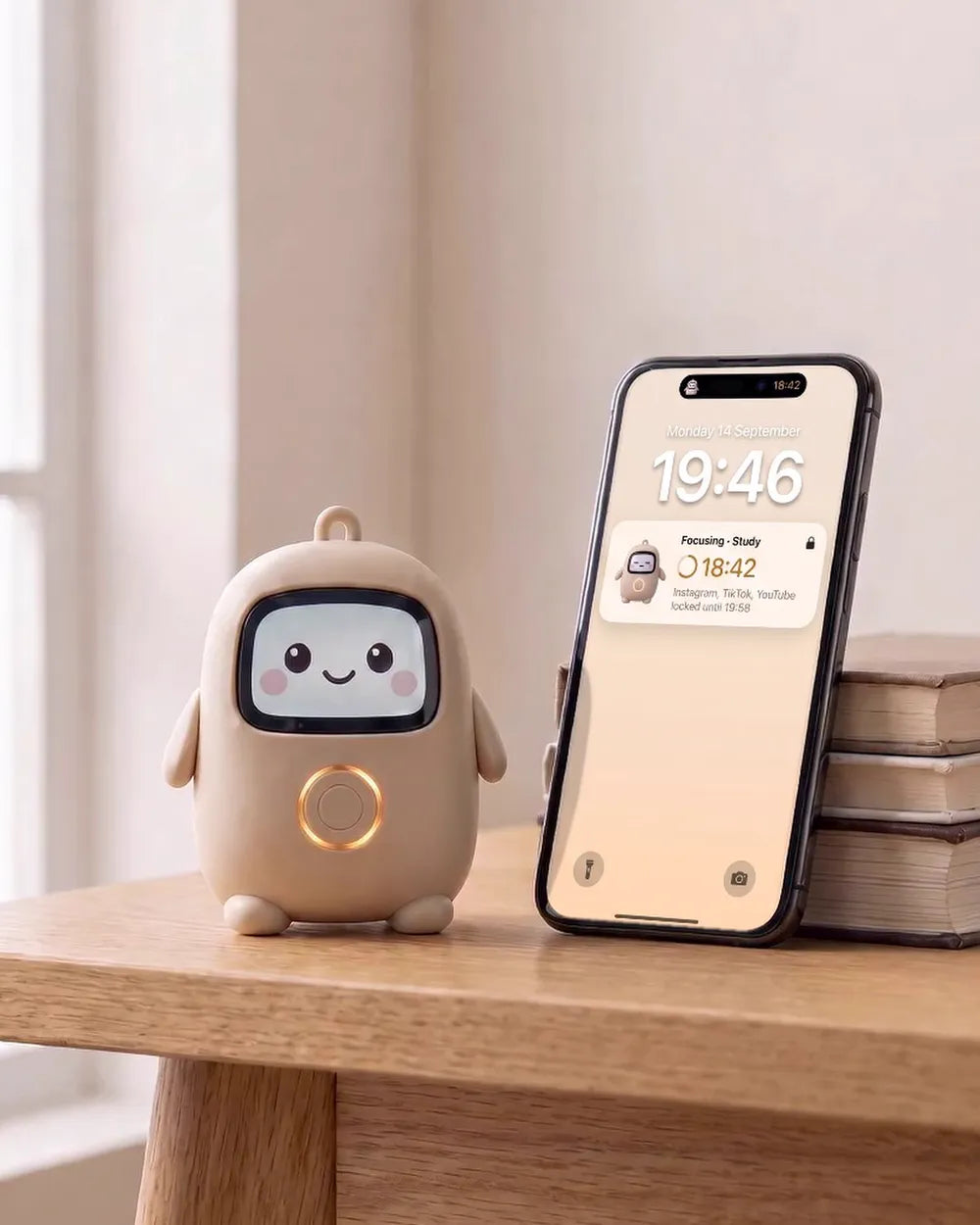 Lumi standing next to an upright phone, about half its height