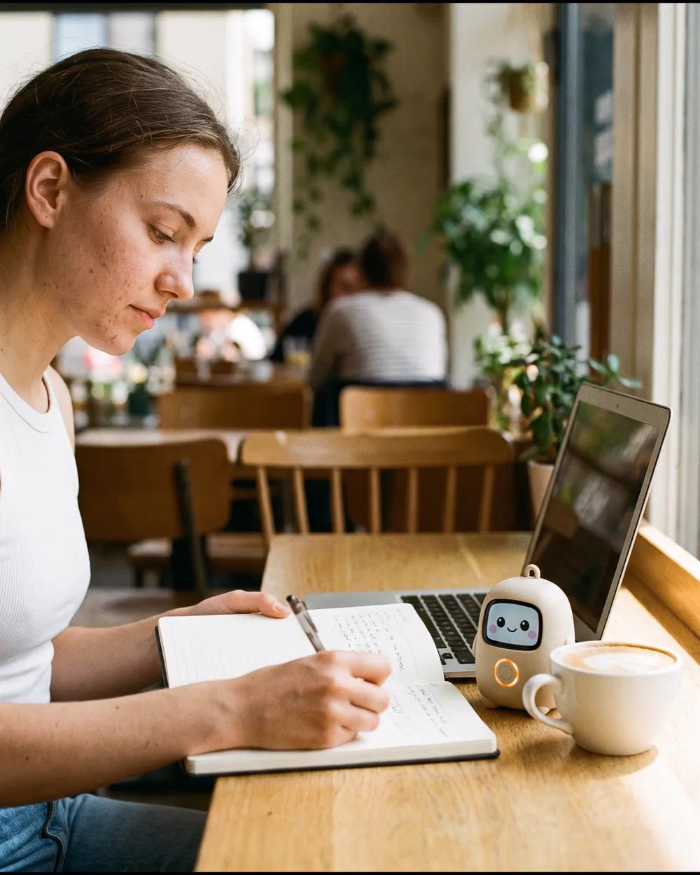 Someone writing in a notebook at a café table, Lumi beside the laptop